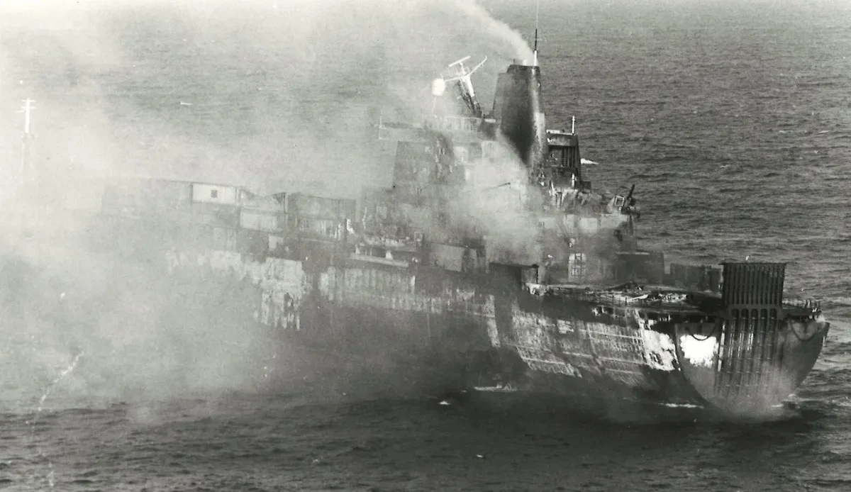 The MV Atlantic Conveyor Sinking after an Exocet hit.