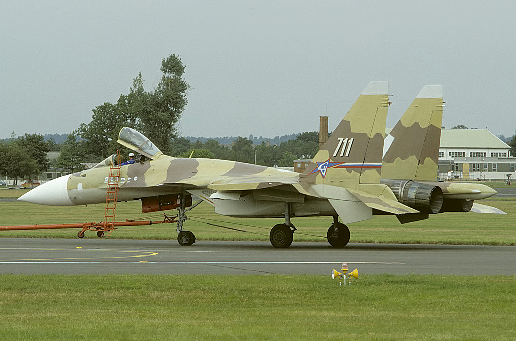 The Farnborough 1996 airshow showcased the Sukhoi Su-37. Su-30, Su-35