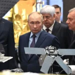 Russian President Vladimir Putin visiting the Rocket and Space Corporation (RSC) Energia in Korolyov, outside Moscow, on Oct. 26, 2023. (Grigory Sysoyev/Pool/AFP via Getty Images)