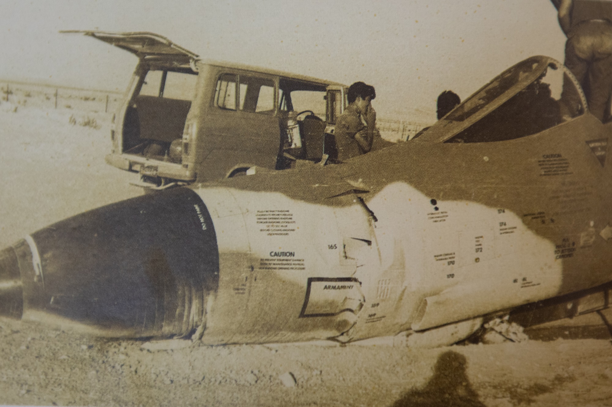 This image shows the wreckage of an Israeli Air Force F-4 Phantom II fighter plane. An F-4 aircraft was downed during the operation "Etgar" (Challenge) in 197The incidenthis was in the War of Attrition. The target was SAM (surface-to-air missile) batteries.