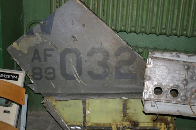 This is the vertical stabilizer from Scott O’Grady’s F-16C shot down over Bosnia in 1995.