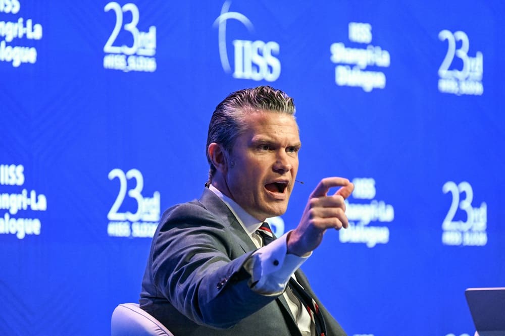 Defence Secretary Pete Hegseth, pictured speaking in Singapore on Saturday, May 30, 2026, allegedly blocked eight Navy officers, including two women and two Black men, from being promoted to one-star admirals