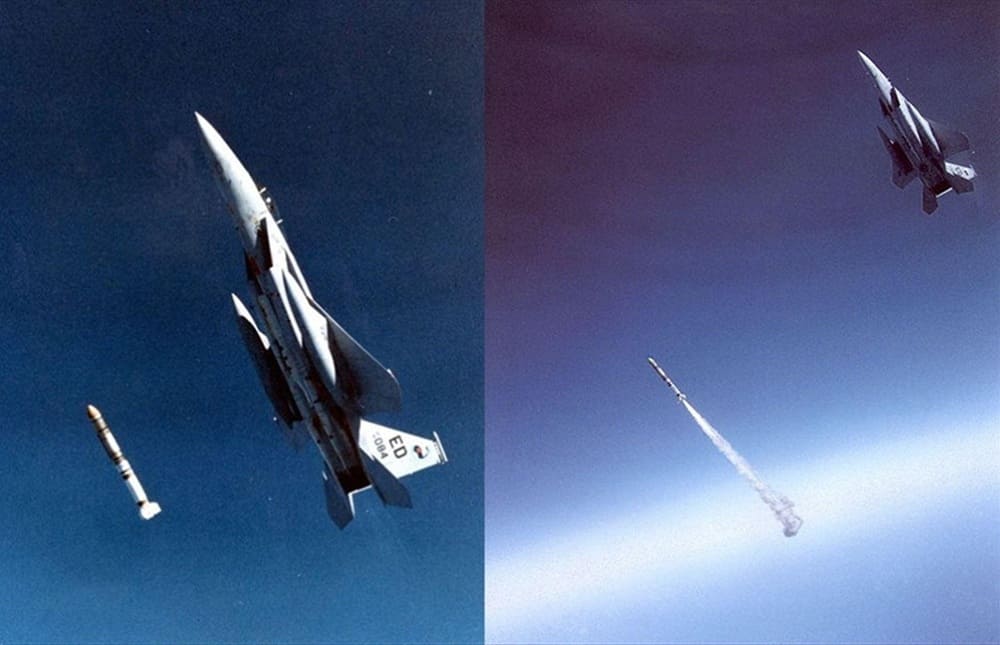 F-15A 'Satellite Killer' launching an ASM-135A anti-satellite missile in a near-vertical climb at Mach 1