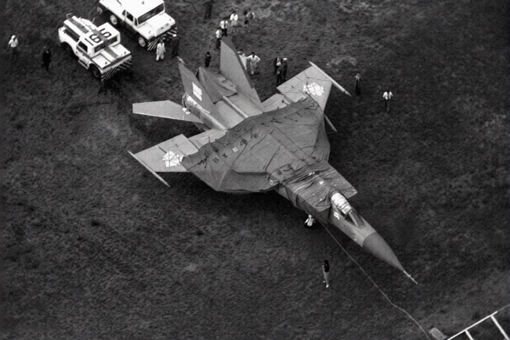 HAKODATE, JAPAN - SEPTEMBER 06: An aerial view of the Soviet fighter MiG-25 after pilot Viktor Belenko defected at Hakodate Airport, Hakodate, Hokkaido, Japan, September 6, 1976.
