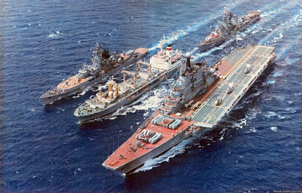Soviet warships conduct an at-sea replenishment in July, 1985 (Soviet Navy)