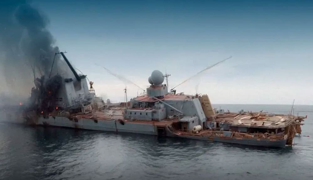 The Russian Black Sea Fleet flagship Moskva burns after being struck by Ukrainian Neptune anti-ship missiles in the Black Sea in April 2022