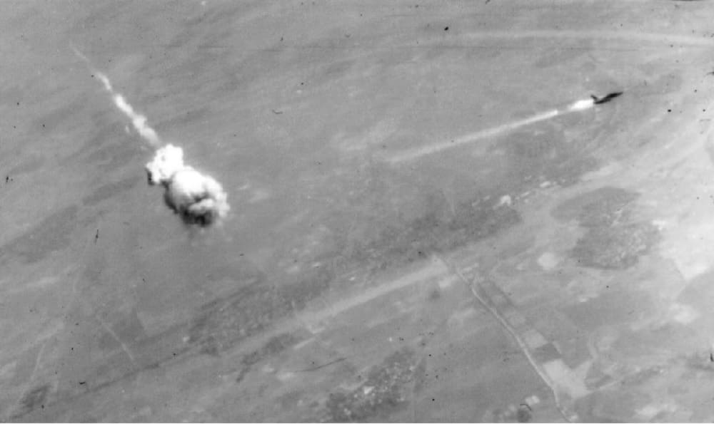 Just an Example how deadly is SA-2: F-105 trailing smoke right after an SA-2 interception. The SA-2 never actually hit an aircraft; the fuse was set to go off automatically when it came close to the target, showering deadly fragments over a wide area. U.S. Air Force photo)
