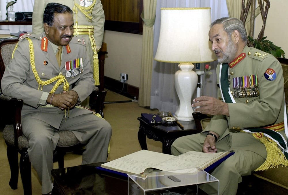 This image shows General Muhammad Aziz Khan, then Pakistan's Chairman of the Joint Chiefs of Staff Committee, discussing military ties with Sri Lankan army chief Lieutenant-General Lionel Balagalle in Colombo on September 15, 2003.