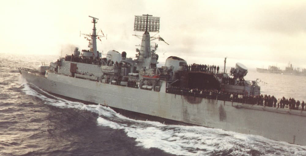 HMS Glamorgan displays the damage inflicted by an Exocet missile.