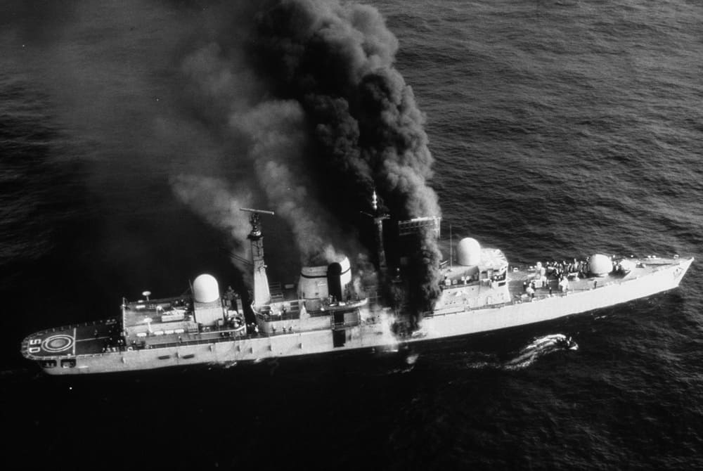 HMS Sheffield was hit by an Exocet.